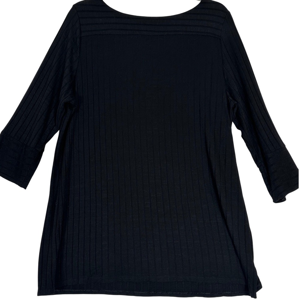 Chico's Ribbed Knit Top Size 2 Lg Black 3/4 Sleeve Capsule Wardrobe Minimalist